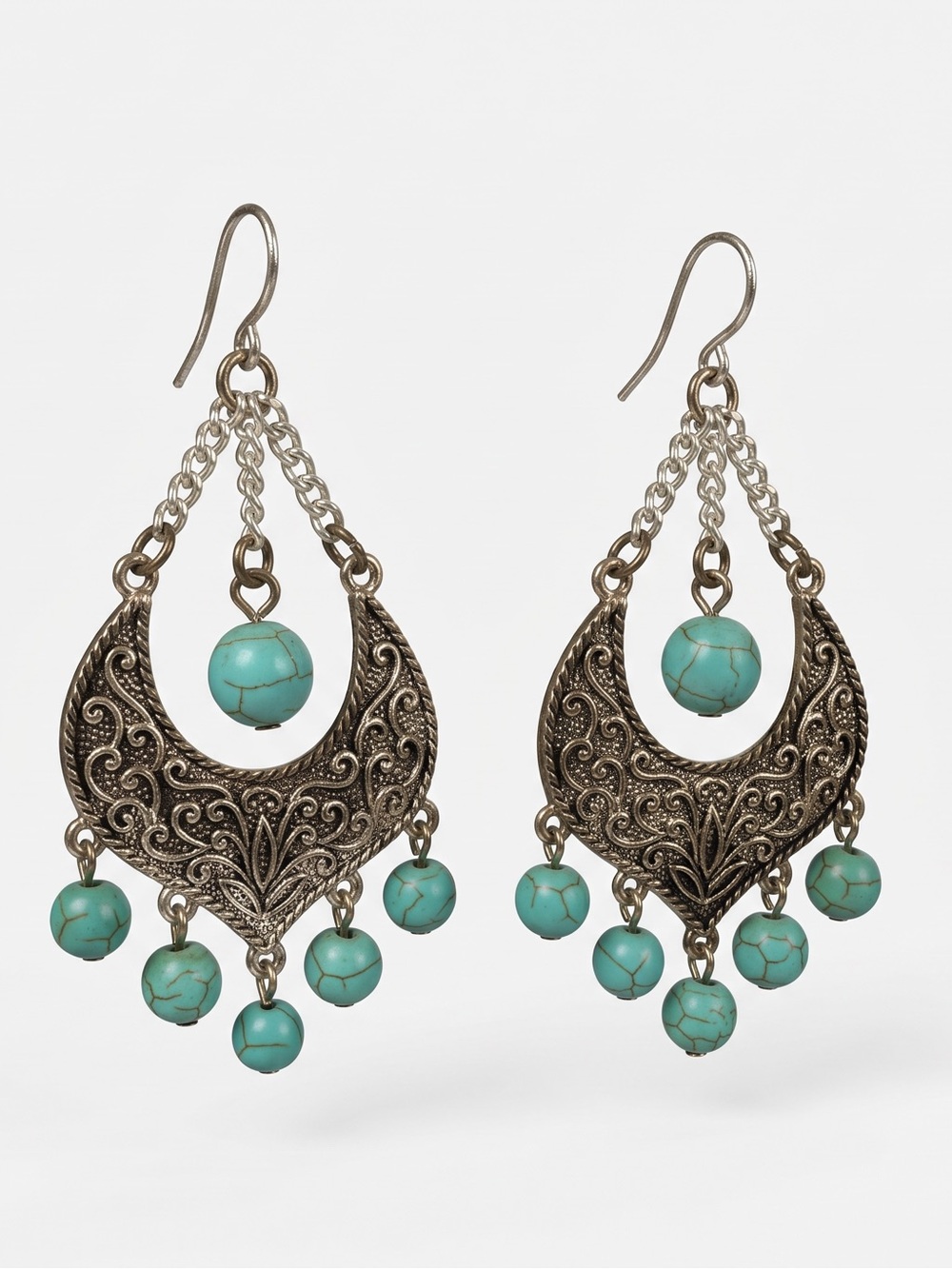 Turquoise Bead Silver Filigree Chandelier Earrings - Women Jewelry